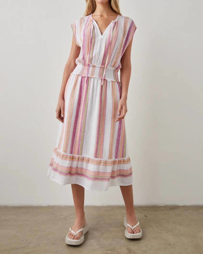 Front of a model wearing a size L Ashlyn Dress in Hibiscus Stripe in Hibiscus Stripe by Rails. | dia_product_style_image_id:339194